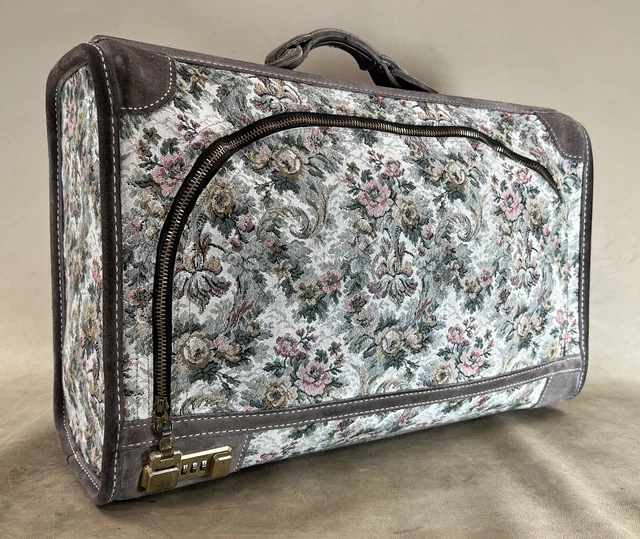 Vintage FRENCH LUGGAGE COMPANY Floral Tapestry & Suede Leather 20” Suitcase Rare