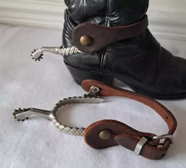 Pair Of Vintage Cowboy Spurs Made in Korea Stainless Steel with Leather