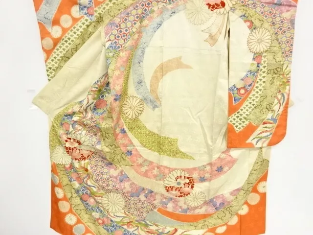 82185# JAPANESE KIMONO / ANTIQUE FURISODE / EMBROIDERY / NOSHI WITH PAULOWNIA &a