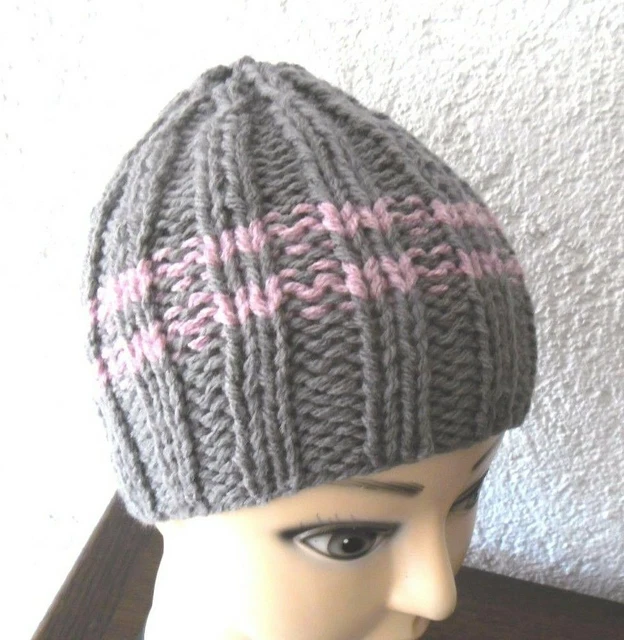 Bonnet Tricote A La Main Laine Fil Double Gris Moyen  Bandes Lilas Femme Homme