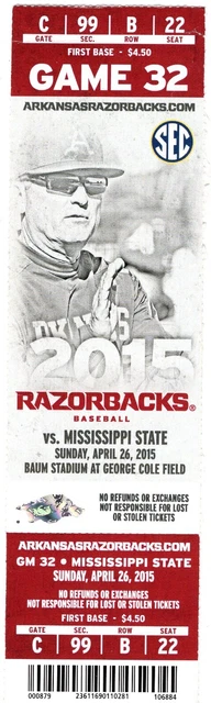 Arkansas Razorbacks Baseball Ticket Stub Mississippi St 4/26/15 Dave Van Horn