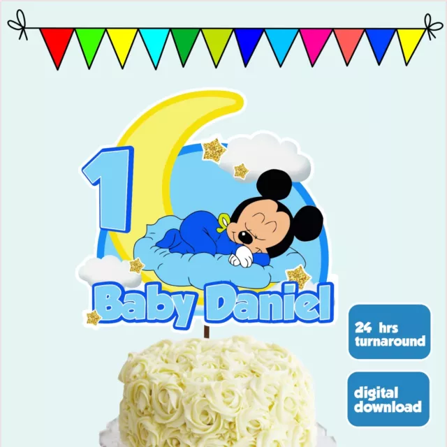 Digital #02 Baby Mickey Mouse Cake Topper Personalized Name Age Happy Birthday