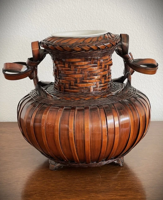 Vintage Japanese Handwoven Bamboo Ikebana Vase Basket, Porcelain Liner 1950's