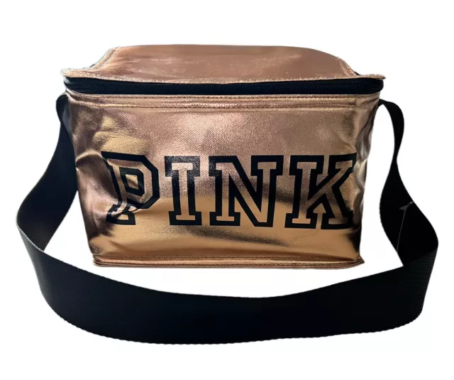 Victoria's Secret Pink Zip-up Cooler Lunch Box Bag Rose Gold with Black  Koozie
