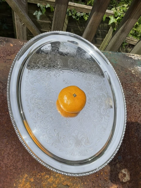 Vassoio Piatto Piatto Ovale Placcato Argento Vintage Inciso A Mano 41cm 900g