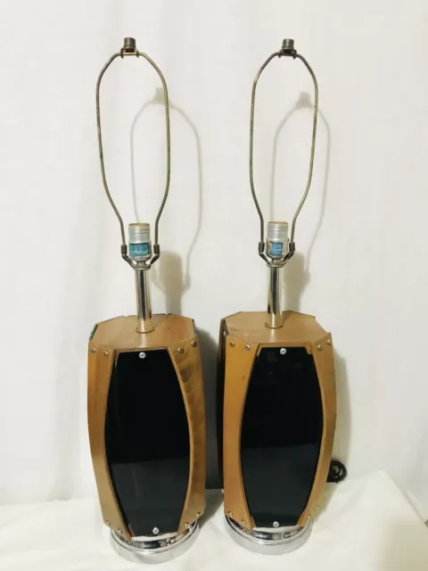 Pair Of Mid Century Teak Wood & Black Lucite Lamps - Chrome Base