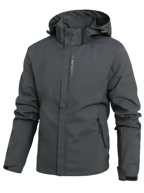 Mens Waterproof Windbreaker Rain Jacket Hooded Soft Shell  Outdoor Grey Coat