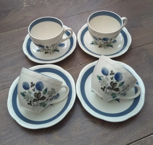 4x Vintage Alfred Meakin Tea Coffee Cups & Saucers Blue White Clover VGC