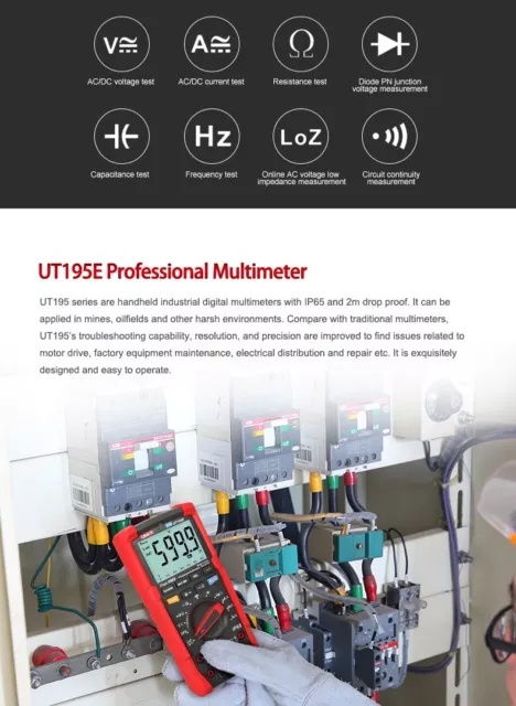 UNI-T UT195E True RMS Digital multimeter Analogue AC DC Ohm Freq LOZ Tester IP65 3