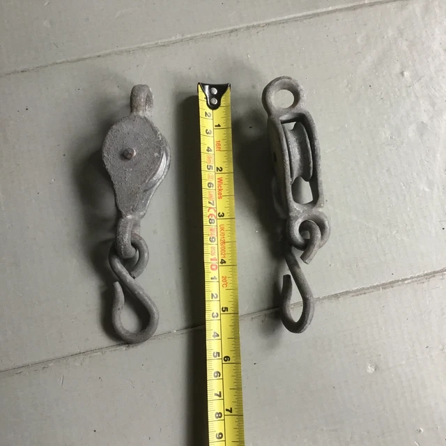 2 Vintage Metal Pulley Wheels & Hooks. 5.5” Long. Galvanised. Hanging.