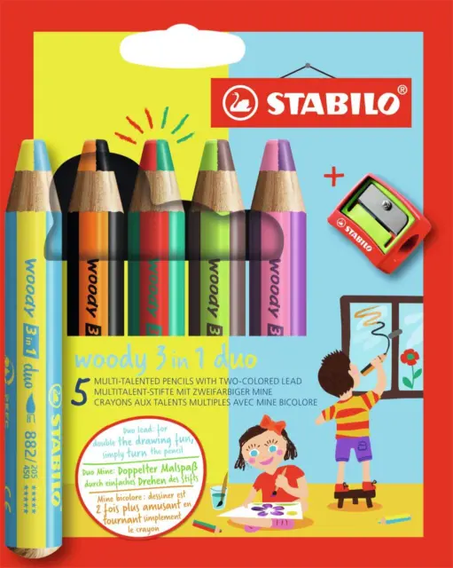 Multi-Talented Pencil - STABILO Woody 3 in 1 duo - Pack of 5 - Assorted Colours