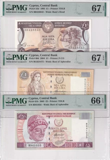 Cyprus Set 3; 1 5 Pounds 1995 2003-04 P 53d 60d 61b Superb Gem UNC PMG 66 67 EPQ