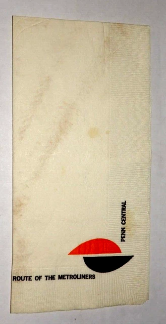 Metroliner Trian Penn Central 1969 Dining Car Lounge Napkin