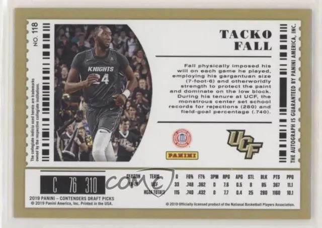 2019 Contenders Draft Picks College Ticket Blue Foil Tacko Fall Rookie Auto RC 2