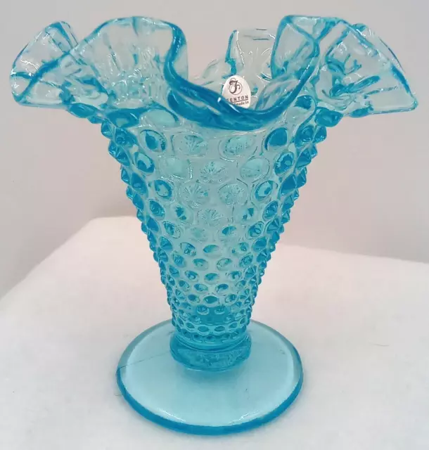 Fenton Blue Hobnail Trumpet Vase Dish Footed Ruffle Wave Round Glossy 5.5" USA