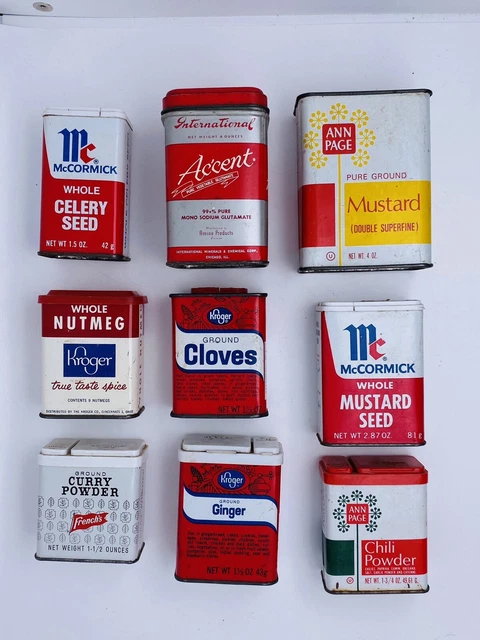 Vintage Lot of 9 Assorted Brands Spice Tins Kroger French's McCormick Ann Page