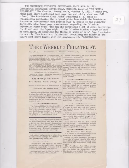 Kappys Original Weekly Philatelist 10-4-1893 Plates Sold Provindence Provisional