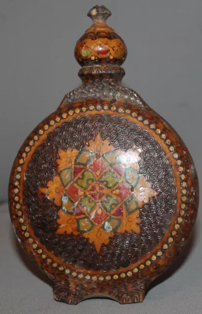 Vintage Small Pyrography Wood Brandy Flask