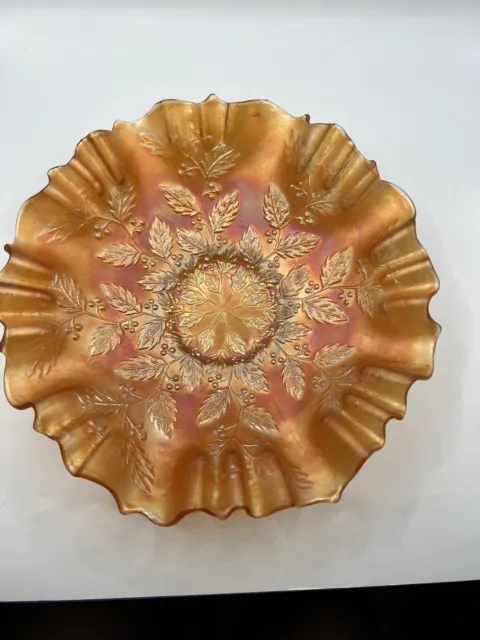 Vtg Fenton Marigold Carnival Glass Ruffled Bowl Leaves Holly Pattern