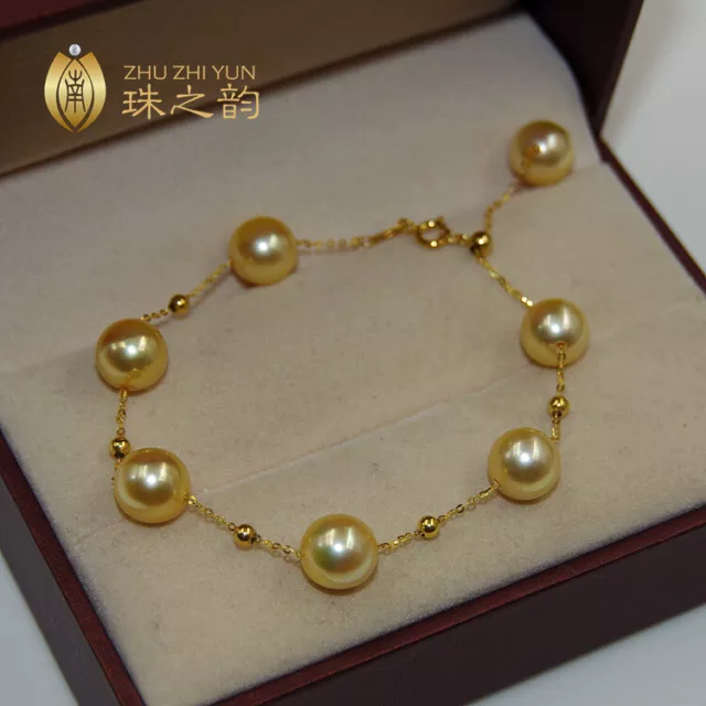 Nice AAA+ 8mm natural south sea golden round pearl bracelet 18k adjustable