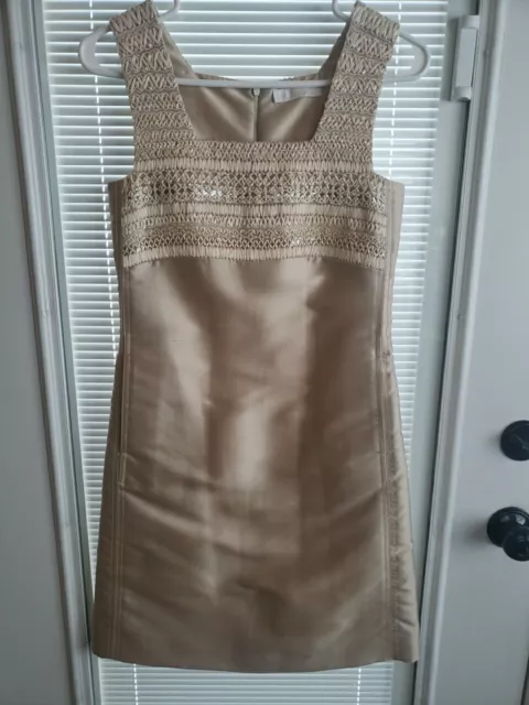 CHLOE Size 34, XS.  France  Gold Silk Appliqued Square Neck Sheath Lined Dress