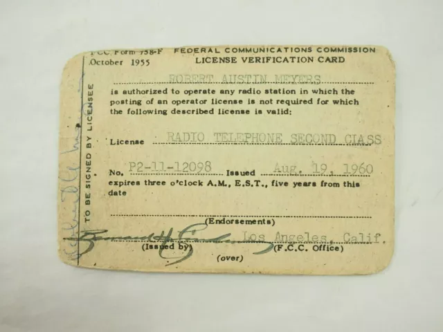 Federal Radio Telephone Second Class License Card 1960