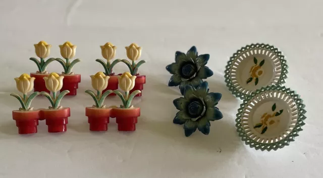 10 Pieces Vtg Plastic Drapery Pin Back Tacks Tulips Flowers Pushpins Curtains