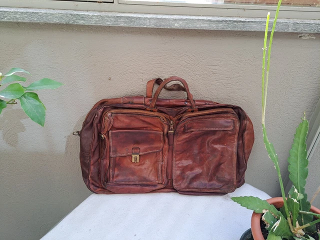 Beauty Case Vintage Made In Italy - Cuir Marron - Valise/Bourse De Voyage RARE