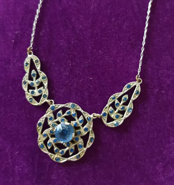 Antique Art Deco Necklace Etched Silvertone and Beautiful Blue Czech Glass