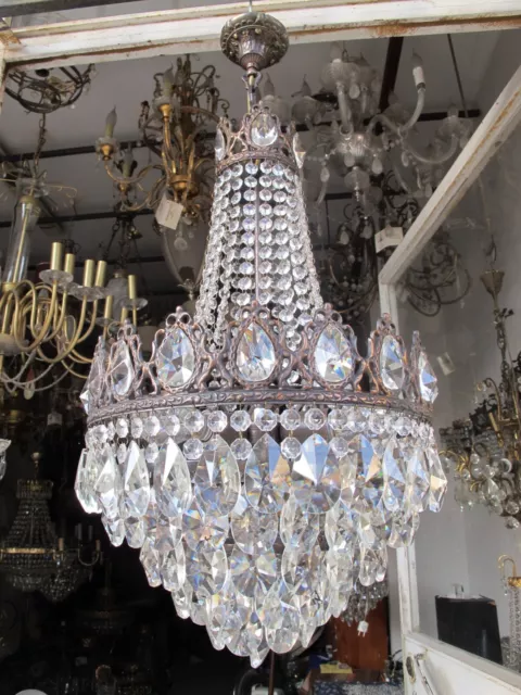 Antique French Huge Bohemia Crystal Art Nouveau Chandelier Ceiling Lamp 1940s 15