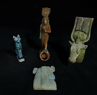 ANCIENT EGYPTIAN ANTIQUES Rare 5 AMULETS Statues Hathor Bastet Goddess Ring BC