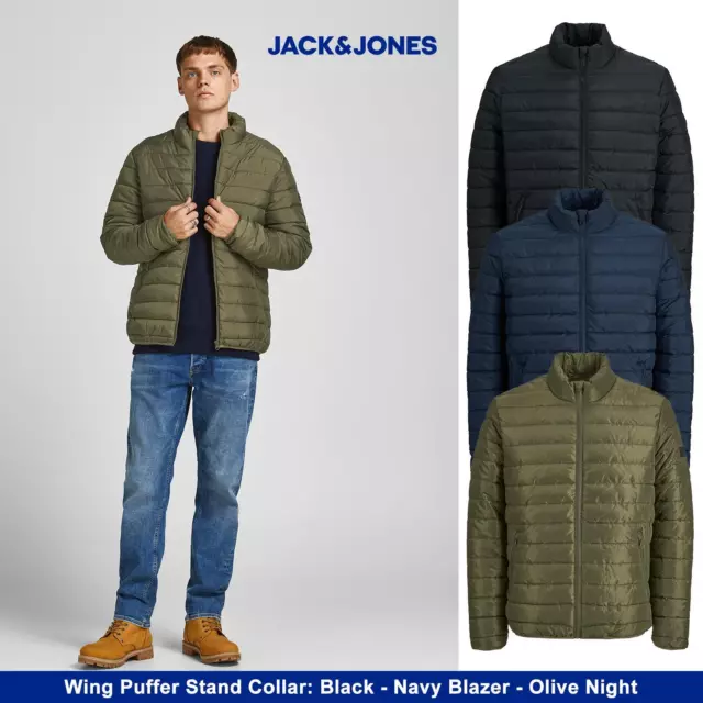 Jack & Jones Men's Quilted Puffer Jacket, Crewneck, Padded, Black, Olive or Navy
