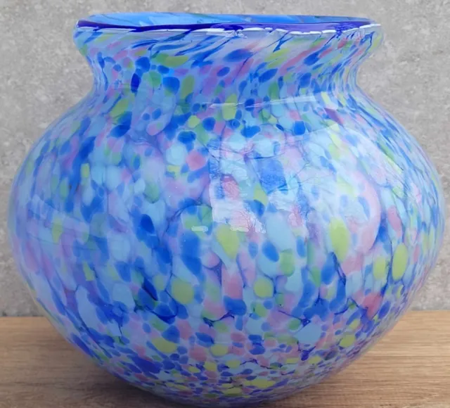 Vtg Post Modern Italian Pastel Confetti Murano Murrhina Art Glass Squat 9" Vase