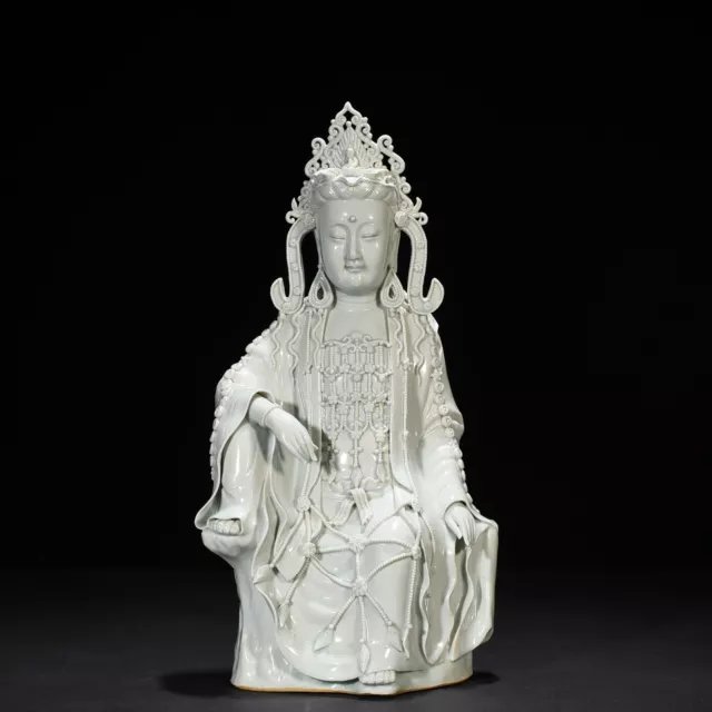16.1" Old Porcelain song dynasty hutian kiln cyan glaze guanyin Buddha statue