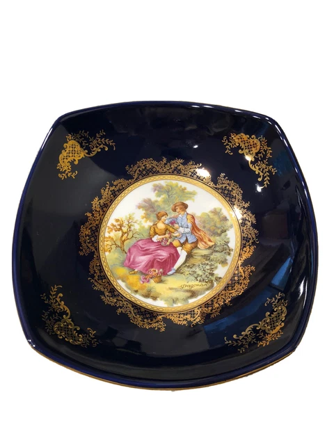 Limoges Fragonard Porcelain Courting Couple  Bowl porcelain cobalt blue