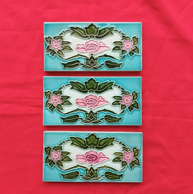 3 Piece Old Art Flower Design Embossed Majolica Ceramic Tiles Japan 0209 3