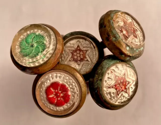 5 Antique Victorian Glass Brass Pinwheel Floral Picture Hangers Curtain Tie Back