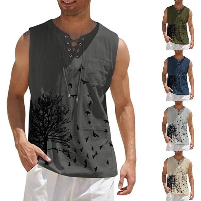 Uomo Canottiera Lino Gilet senza Maniche T-Shirt Sport Maglia Intima Scollo A V