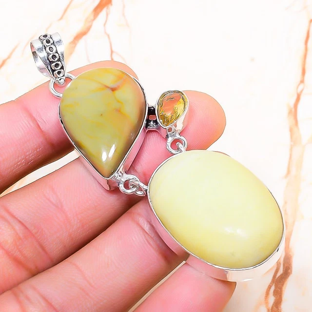 Swiss Green Opal, Citrine Gemstone Handmade Gift Jewelry Pendant 2.88" V849