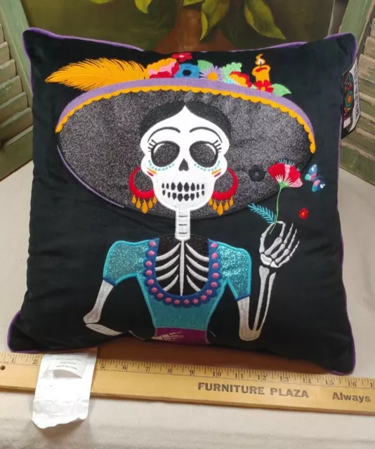 Day of the dead Halloween embroidered Pillow Dia De Los Muertos La Catrina NEW