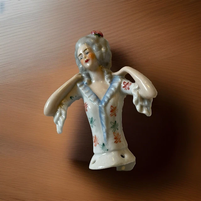 VINTAGE RARE CHINA PORCELAIN HALF DOLL foreign 20th C pin cushion