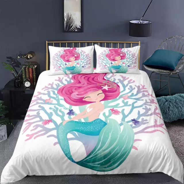 Cartoon Mermaid Fish Coral Flower Print Quilt Duvet Cover Set Kids Pillowcase