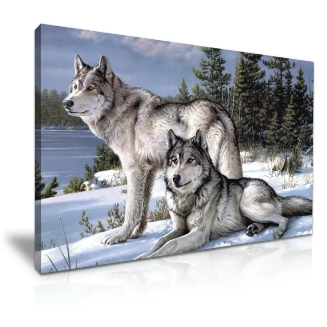 Due lupi lupo selvatico nella foresta di neve arte da parete moderna in tela ~ 5 taglie