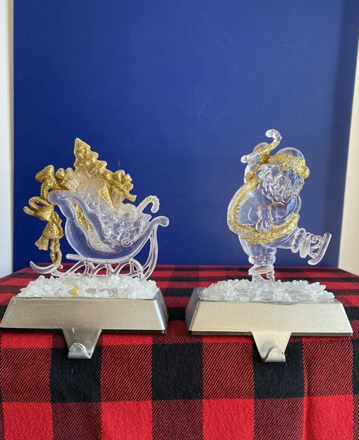 Vtg Stocking Holders-Silver Base-Gold Trim- Christmas Santa & Sled-Set 2