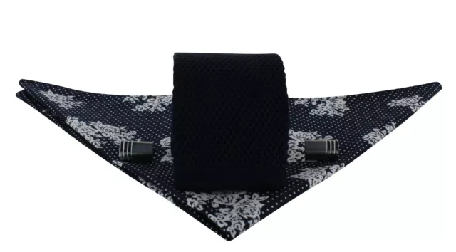 MIchelsons Navy Skinny Silk Knitted Tie Floral Pocket Square Cufflink Gift Set