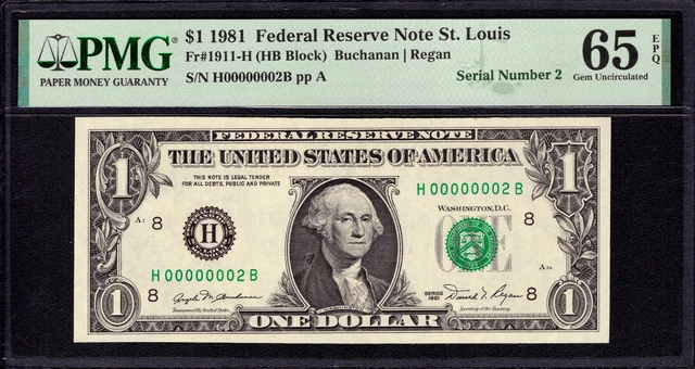 1981 $1 Federal Reserve Note St. Louis Rare Serial Number 2 Pmg Gem 65 Epq
