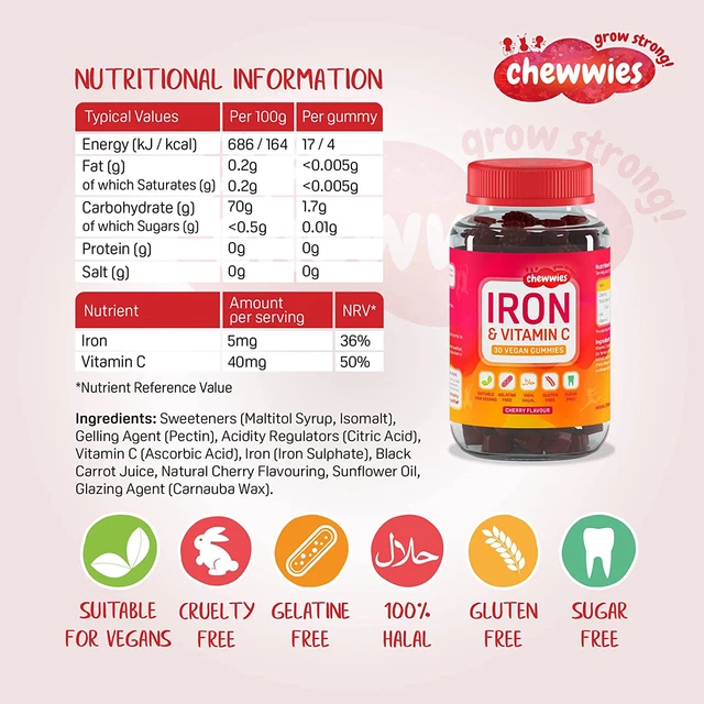 IRON & VITAMIN C Vegan Chewable Gummies Sugar Free Ferrous Sulfate