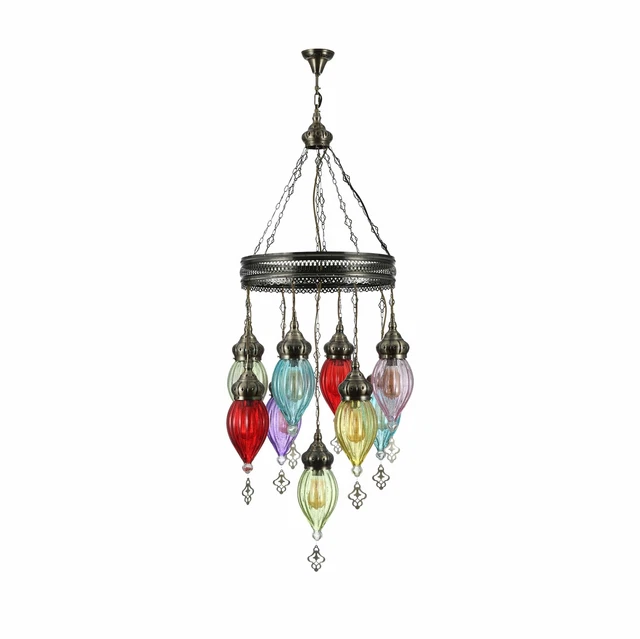Moroccan Style Antique Brass and Multi Colour Glass Ceiling Chandelier Pendant L