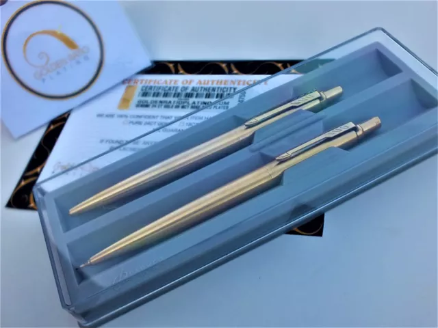 24k Gold Plated Parker Jotter Ball Point Writing Pen and Pencil Set Gift Boxed 3