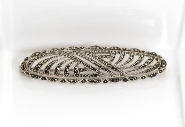 Broche Art Déco En Argent 925 Forme Feuille Avec Marcassites - 45x45 Mm, 14,1 G - Occasion Vintage Française